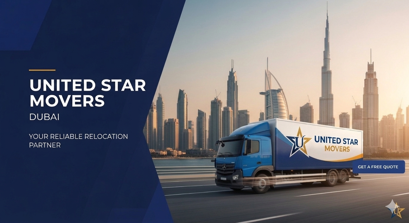 Professional United Star Movers team packing furniture in a luxury Dubai apartment.